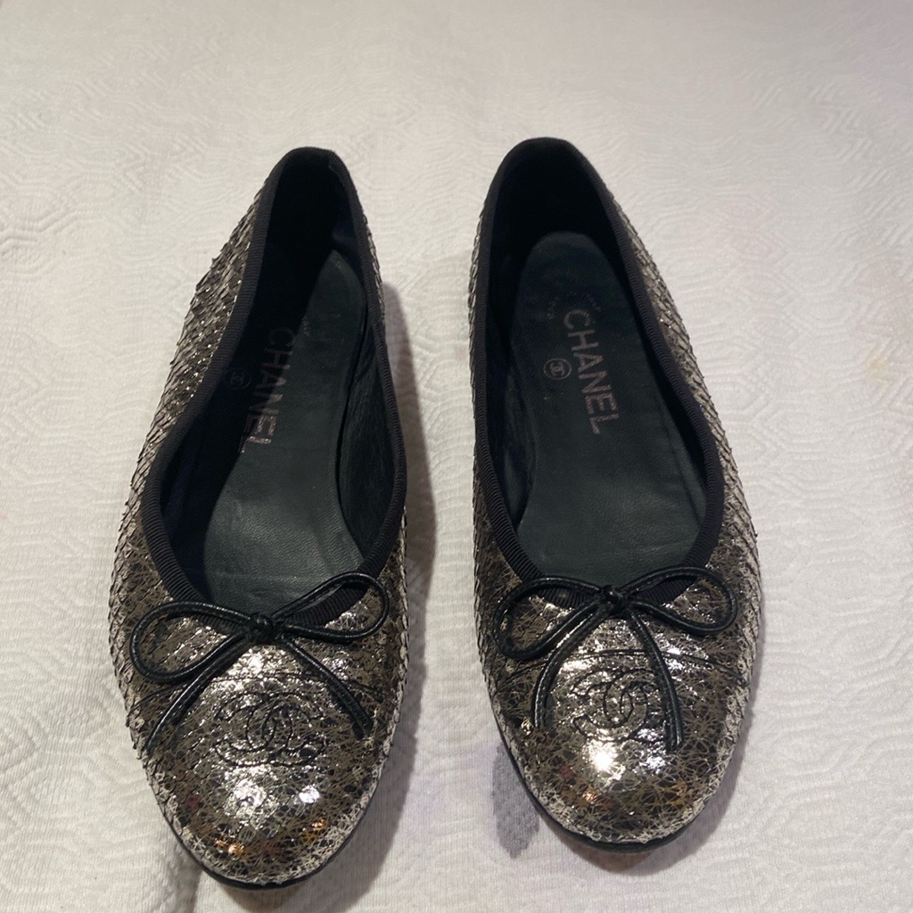 Chanel Silver Woven Flats With Black Bow